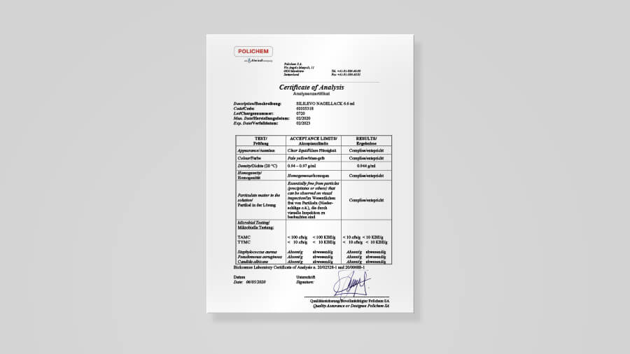 Sililevo Nagellack 66ml Analysenzertifikat 60005318 0720