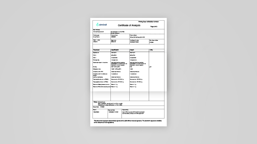 Mockup Hydrolack Analysenzertifikat Nr 60006001 504321X